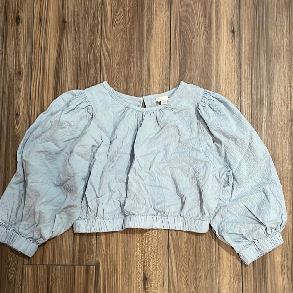 A New Day Blue Crop Puff Sleeve Blouse with Bib Collar